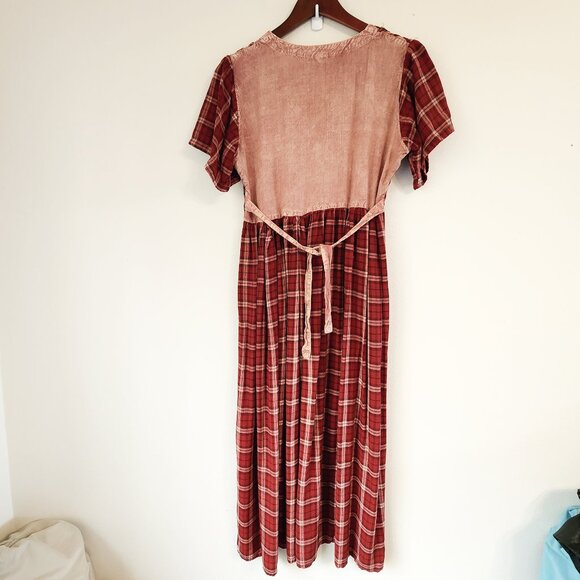 Vtg Embroidered Tie Dye Plaid Empire Waist Short Sleeve Maxi Dress Sz S Boho Y2K - Picture 9 of 16